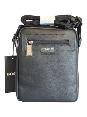 BOSS Black Black Grain Faux Leather Crossbody Shoulder Bag for Men